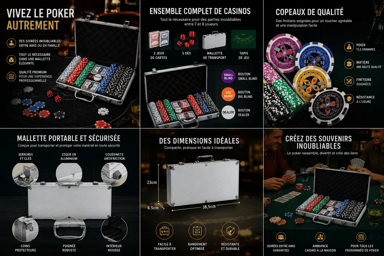 Kit poker complet 300 jetons 11,5g avec mallette aluminium, 2 jeux de cartes et boutons Dealer. Livraison rapide en France. RiverStack.